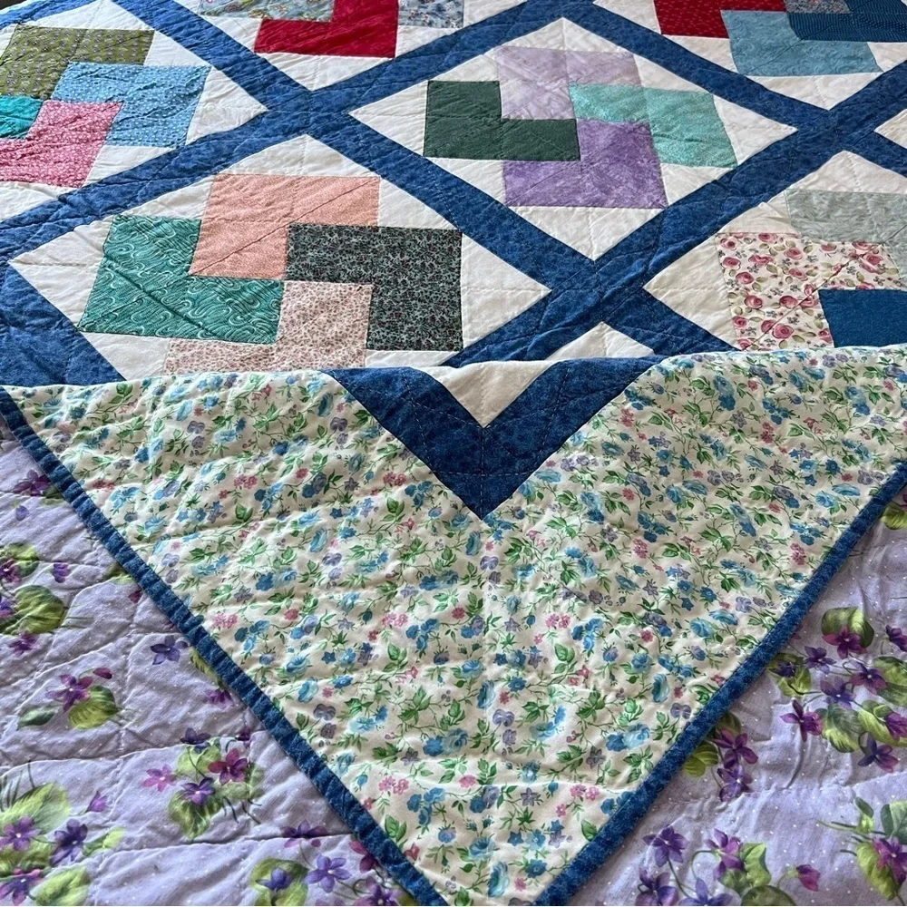 72”x88” Twin Size Handmade Patchwork Cotton Quilt. Simple Shabby Chic.